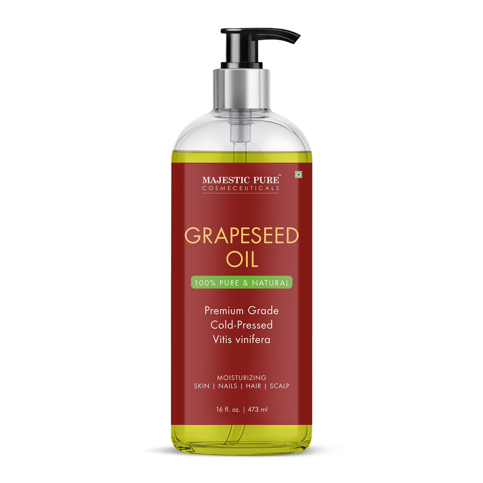 Majestic Pure Grapeseed Oil bottle front view for daily skin hydration.