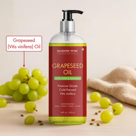 Close-up of Majestic Pure Grapeseed Oil label showing purity and cold-pressed quality.