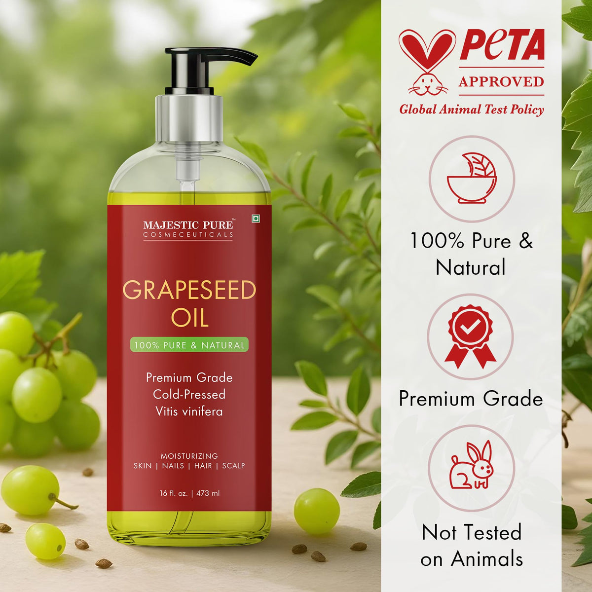 Pouring Majestic Pure Grapeseed Oil to illustrate easy application.
