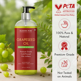 Pouring Majestic Pure Grapeseed Oil to illustrate easy application.