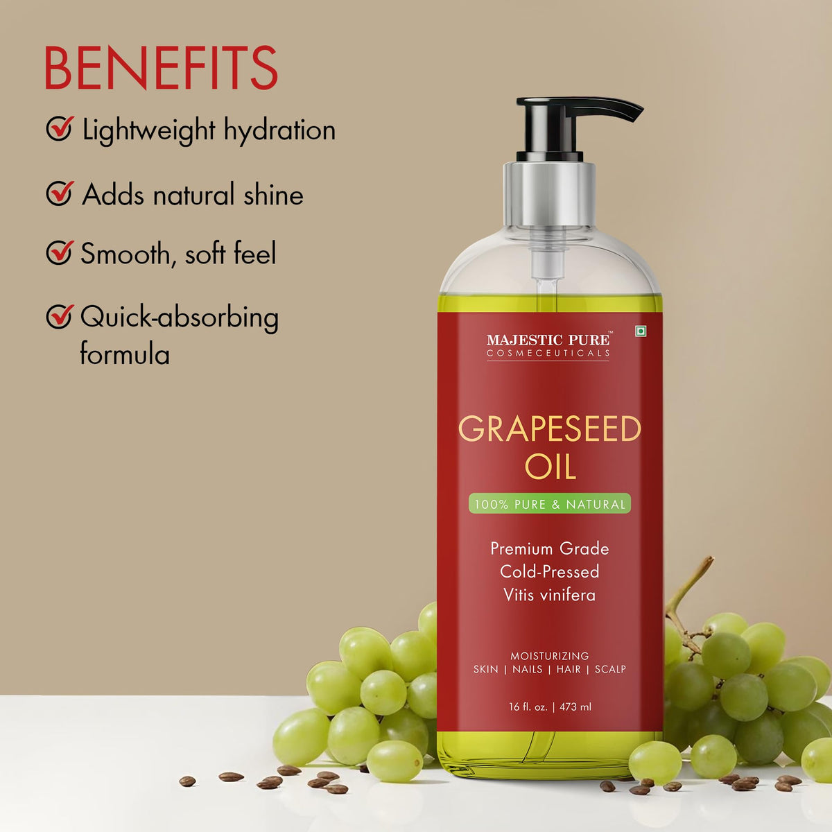 Close-up texture of Majestic Pure Grapeseed Oil, showcasing quick absorption.