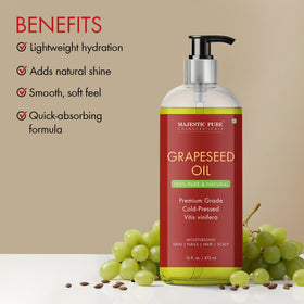 Close-up texture of Majestic Pure Grapeseed Oil, showcasing quick absorption.