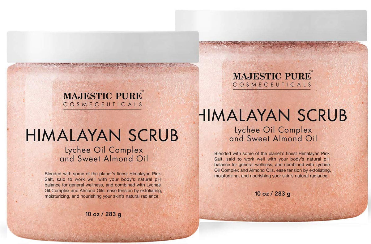 Majestic Pure Himalayan Salt Scrub jar with lychee oil for exfoliation.
