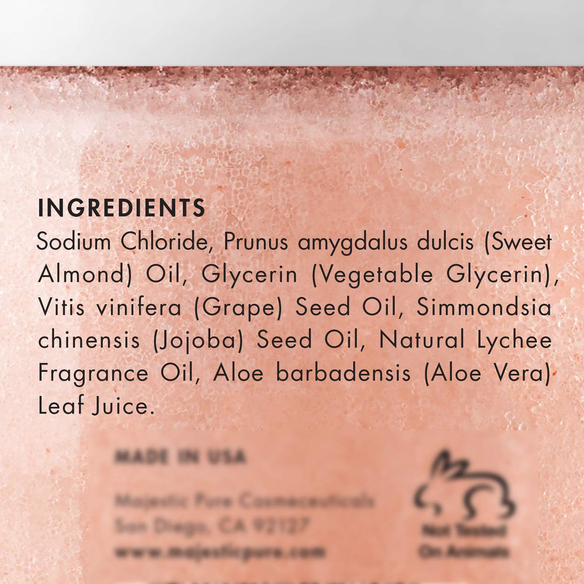 Close-up of lychee oil texture in Majestic Pure scrub.