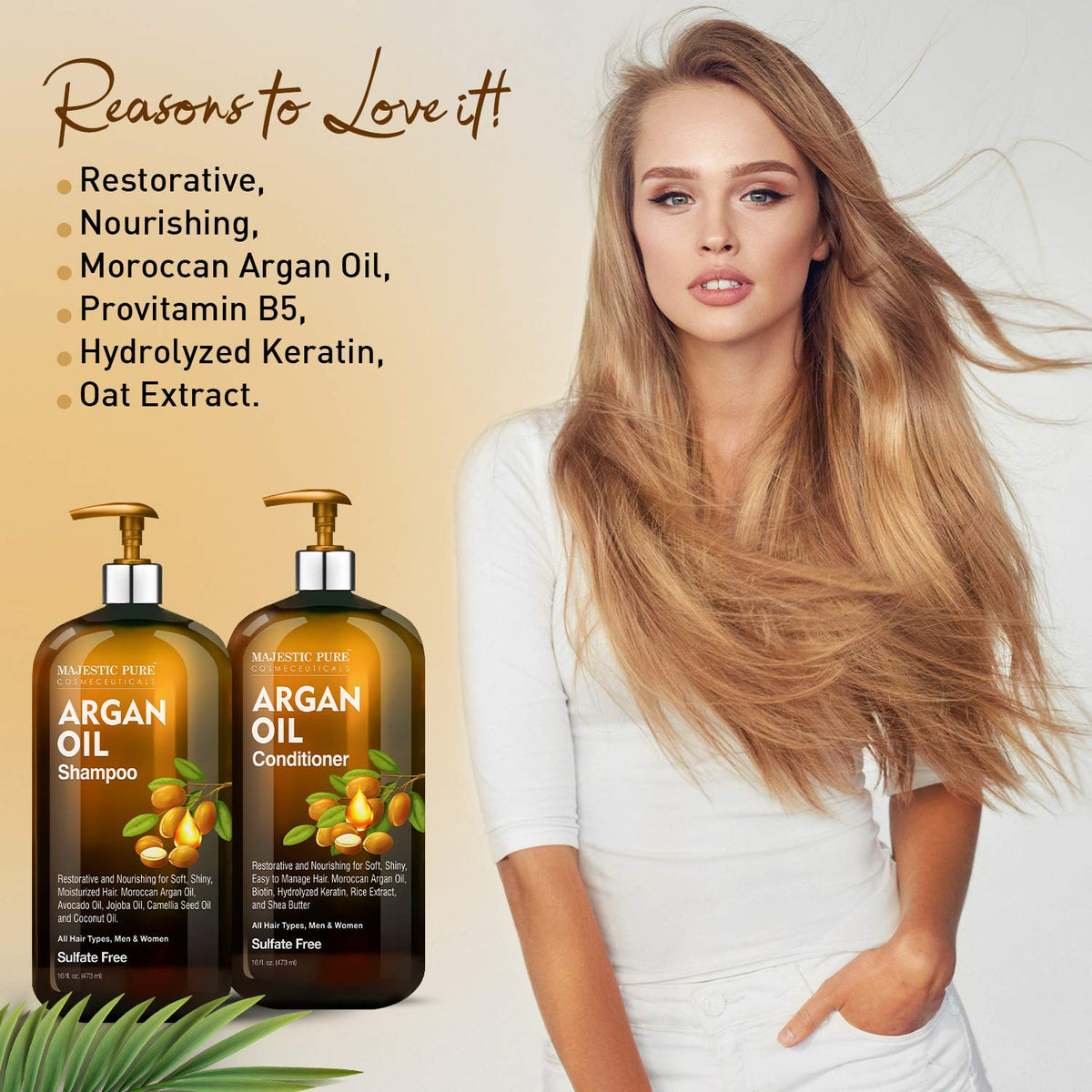 Closeup of Majestic Pure shampoo and conditioner set highlighting sulfate-free formula and premium ingredients.