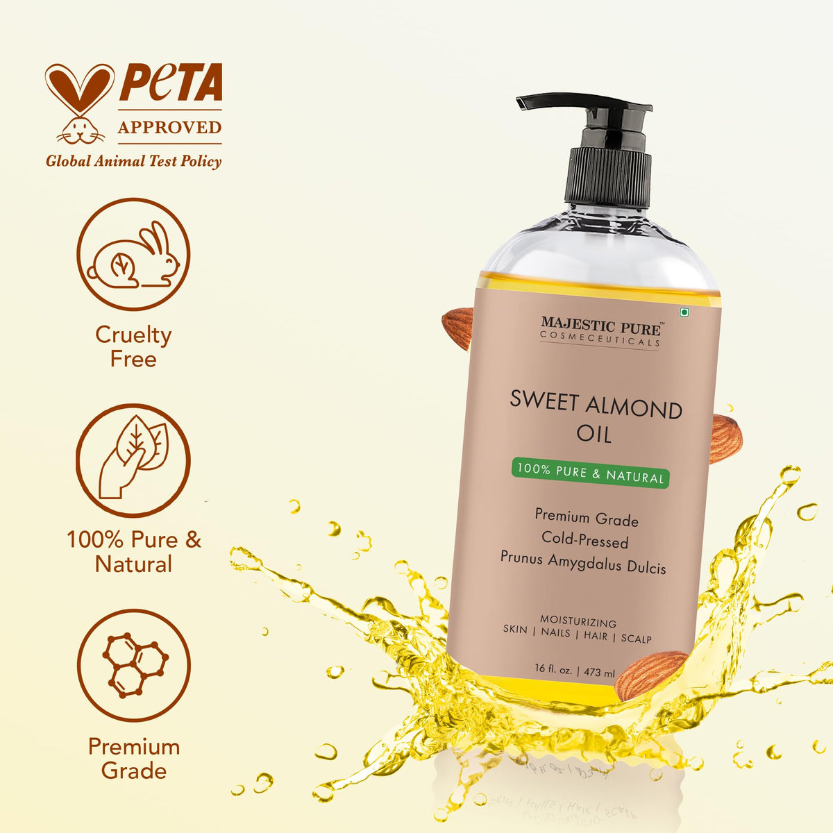 Majestic Pure Sweet Almond Oil amber glass bottle showcasing premium packaging