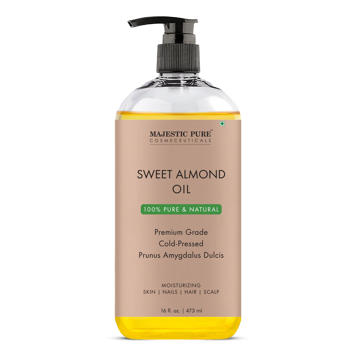 Majestic Pure Sweet Almond Oil bottle pour for quick skin absorption