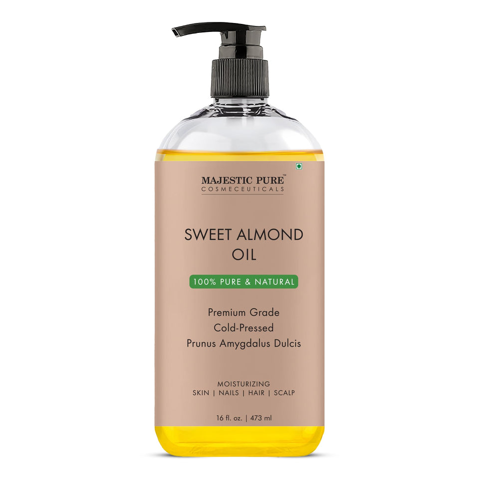 Majestic Pure Sweet Almond Oil bottle pour for quick skin absorption
