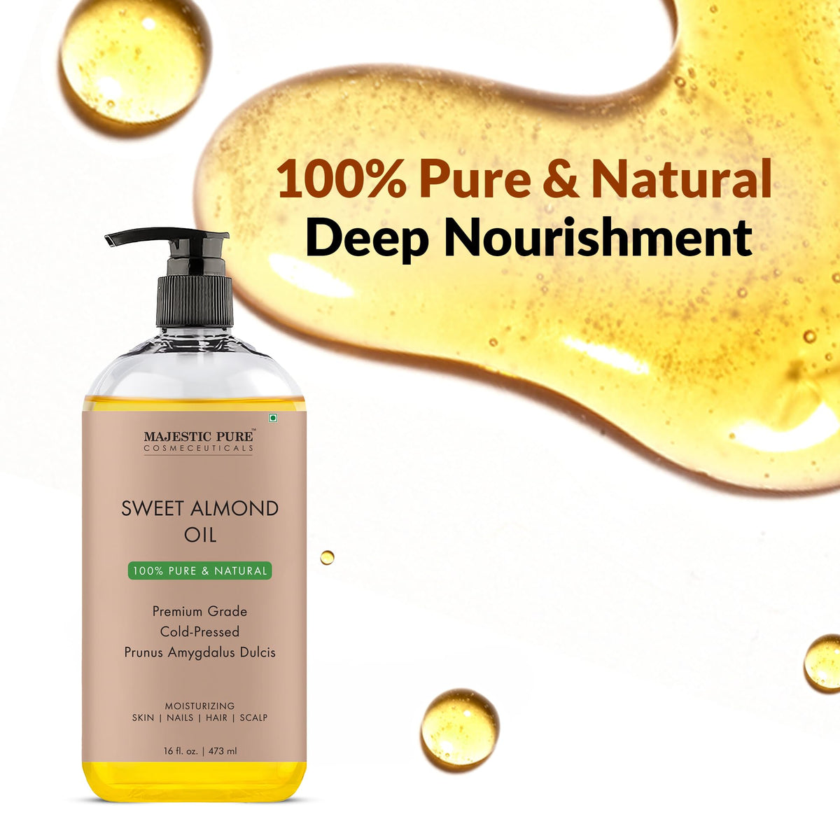 Majestic Pure Sweet Almond Oil from Spain highlighting origin