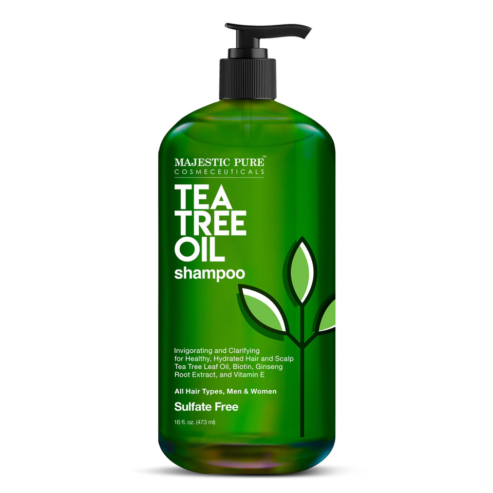 Majestic Pure Tea Tree Shampoo bottle showing a sulfate free formula for all hair types