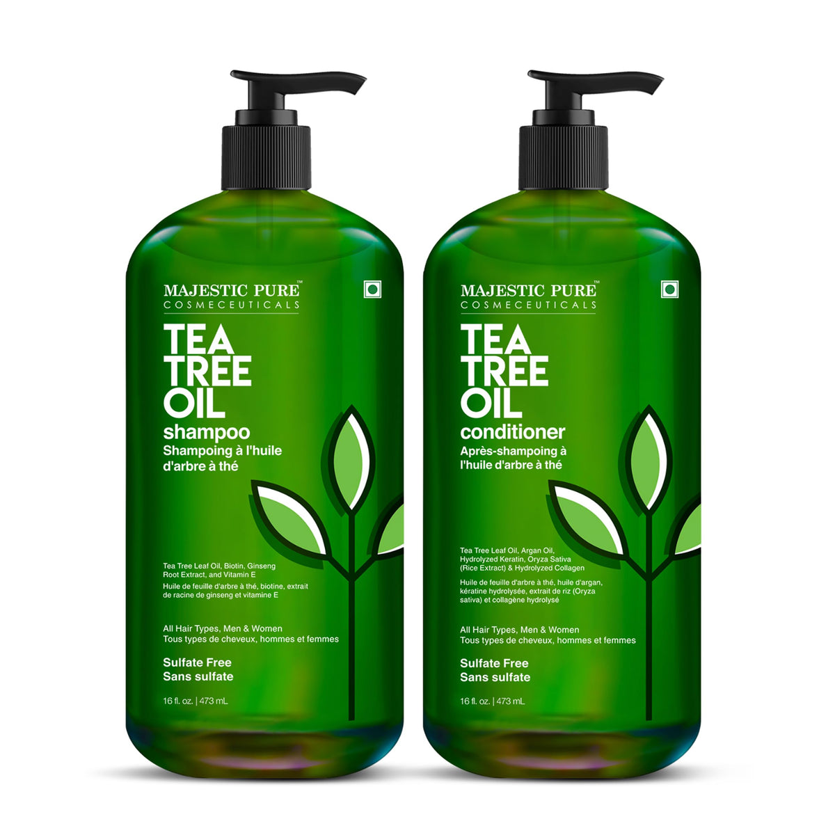 Majestic Pure Tea Tree Shampoo bottle on counter, sulfate-free cleansing for a refreshed scalp.
