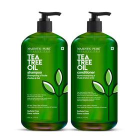 Majestic Pure Tea Tree Shampoo bottle on counter, sulfate-free cleansing for a refreshed scalp.