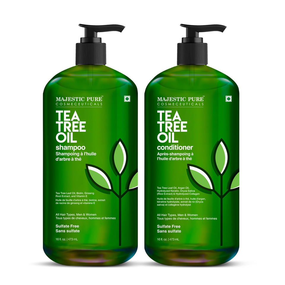 Majestic Pure Tea Tree Shampoo bottle on counter, sulfate-free cleansing for a refreshed scalp.