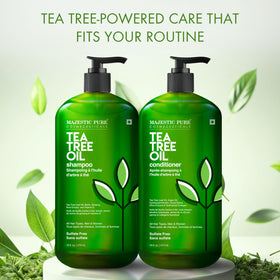 Majestic Pure Tea Tree Shampoo label close-up highlighting pure tea tree oil for natural scalp care.