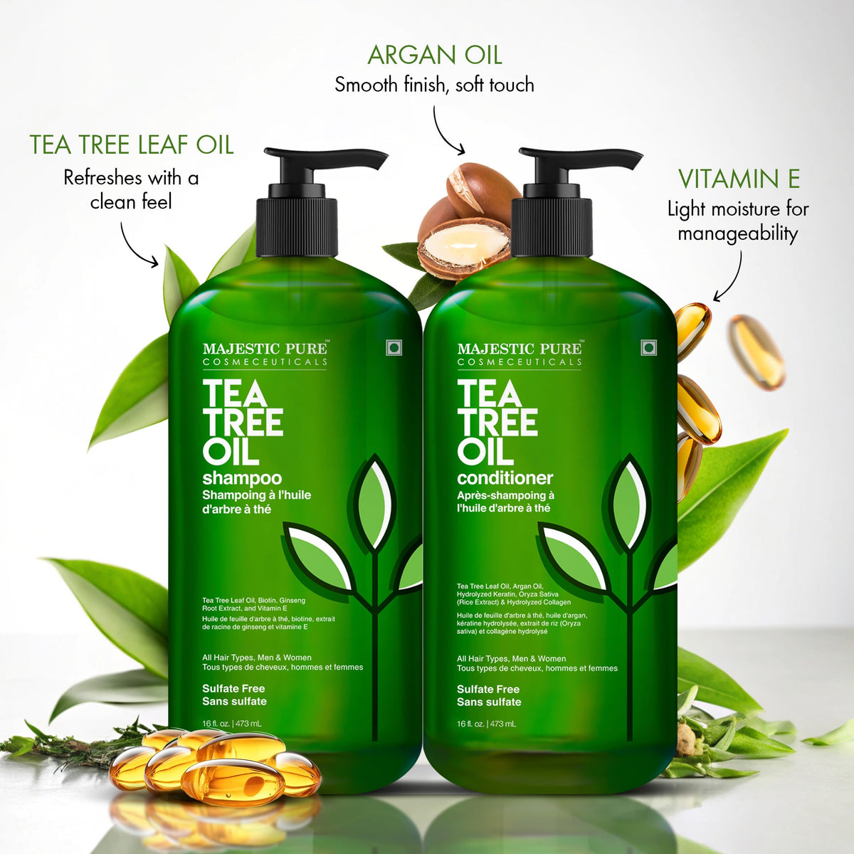 Two-bottle Majestic Pure Tea Tree Shampoo pack for ongoing scalp care.
