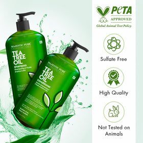 Pouring Majestic Pure Tea Tree Shampoo to cleanse and hydrate hair.