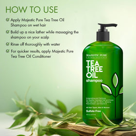 Bottle of Majestic Pure Tea Tree Shampoo highlighting sulfate free cleansing