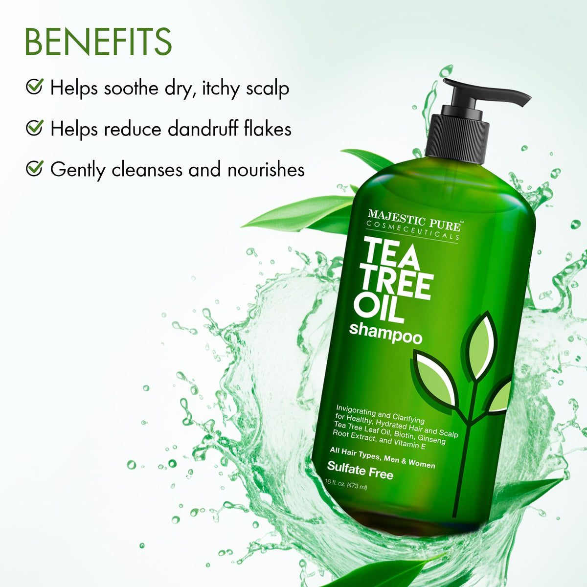 Tea tree oil ingredient spotlight in Majestic Pure shampoo for scalp nourishment