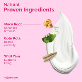 Major Curves Bust Booster applying portrait showcases quick-absorb formula in action.