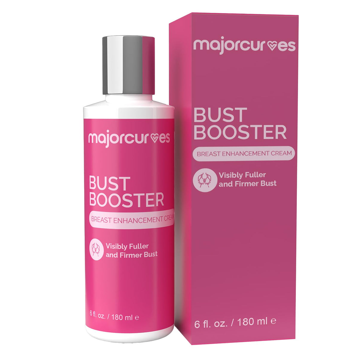 Major Curves Bust Booster bottle front view highlights premium formula for firmer, fuller curves.