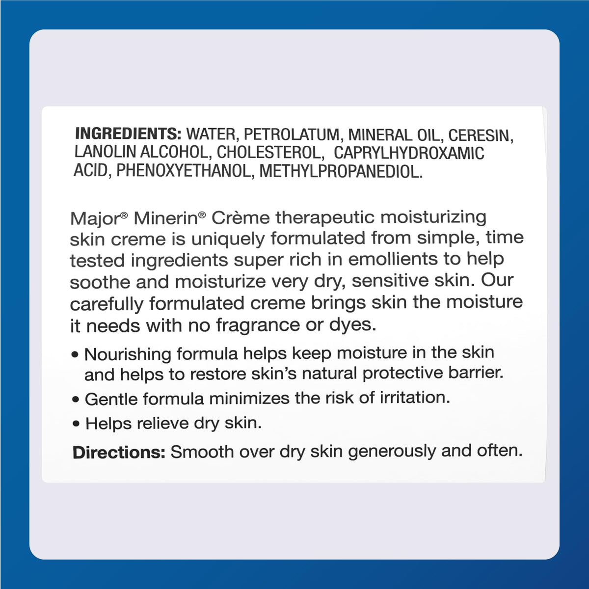 MAJOR Minerin Créme ingredients emollients image shows skin-loving components for barrier-friendly care.