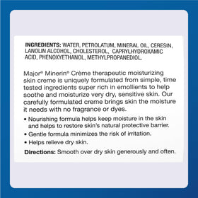 MAJOR Minerin Créme ingredients emollients image shows skin-loving components for barrier-friendly care.