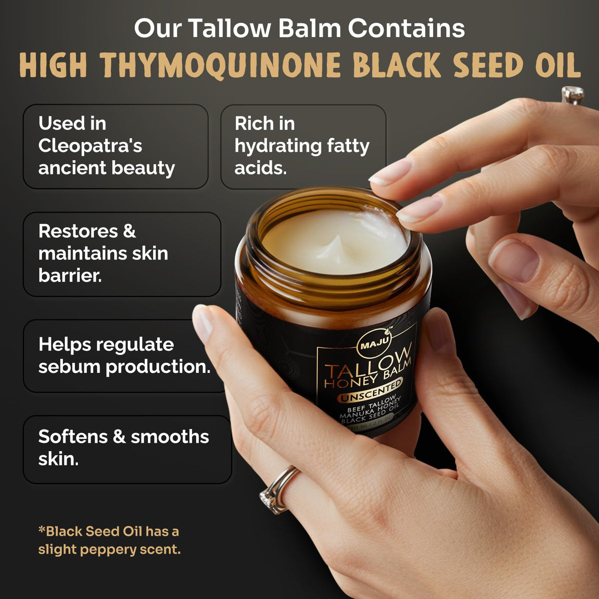 MAJU balm bottle highlights black seed oil as a key ingredient