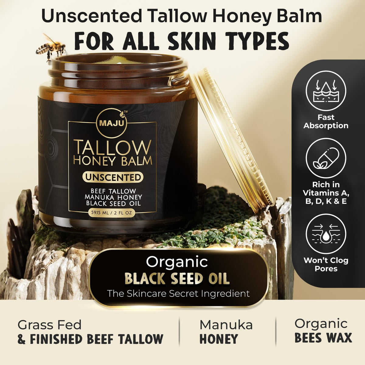 Close-up of MAJU balm texture indicating rich yet absorbent formula