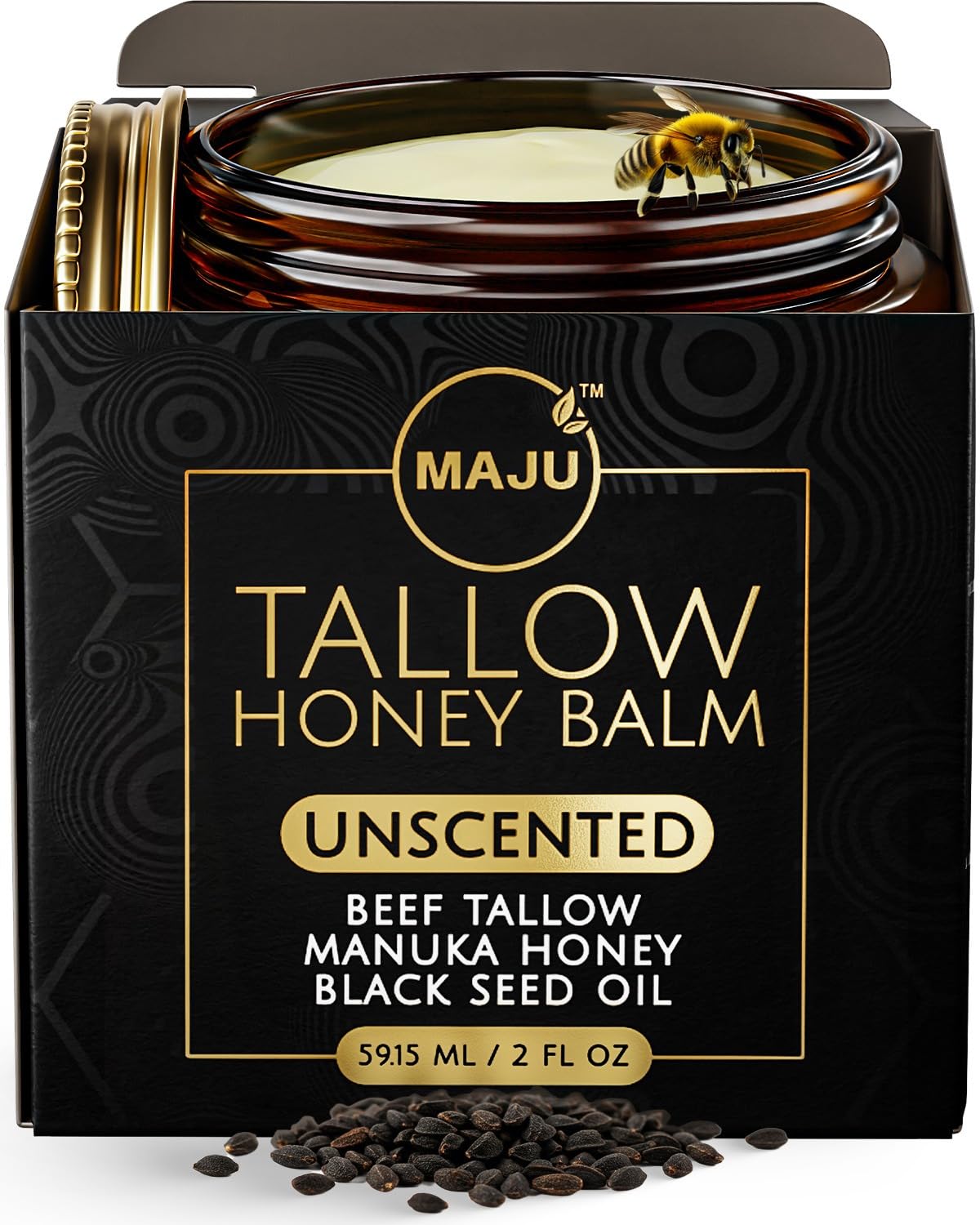 MAJU unscented balm jar showing texture and color for sensitive skin use