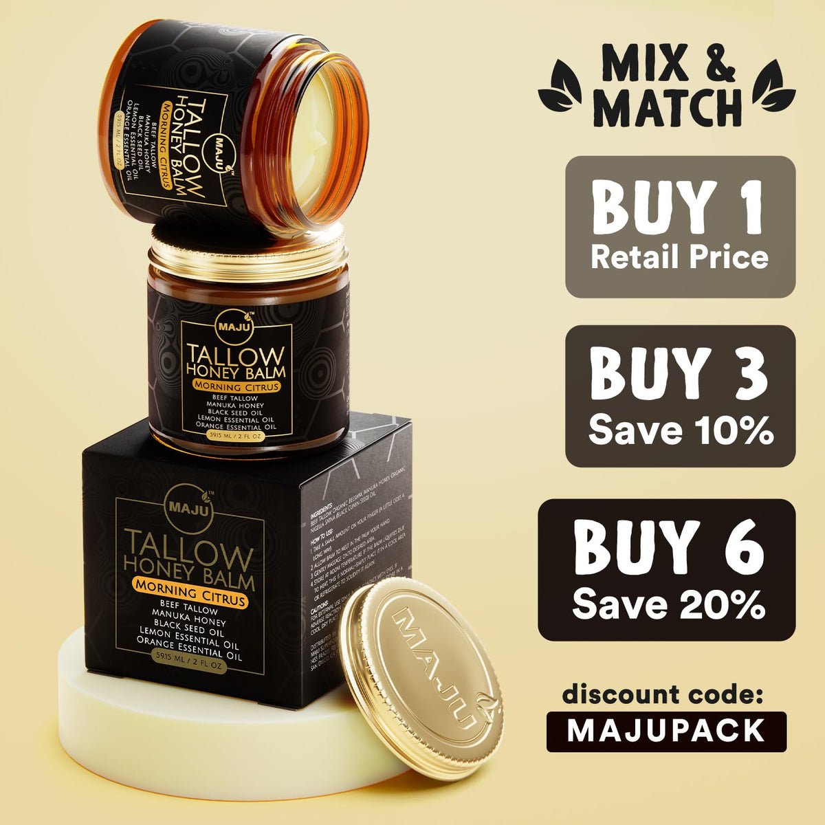 MAJU Amber glass bottle on bright background signaling premium skincare.