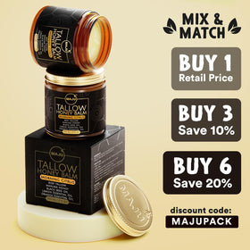 MAJU Amber glass bottle on bright background signaling premium skincare.