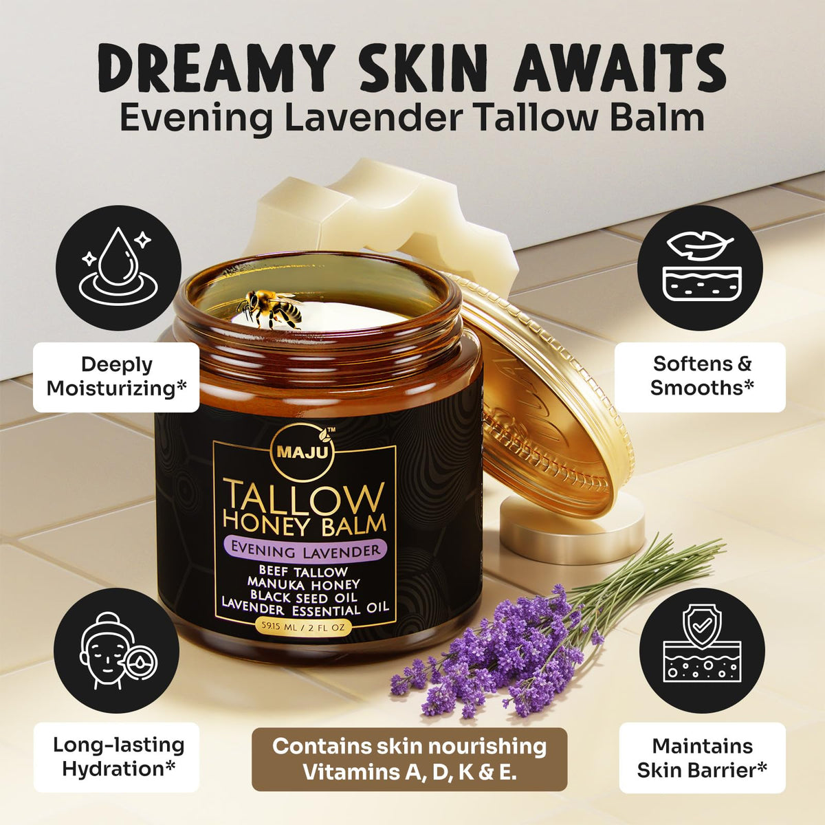 MAJU Tallow Honey Balm black seed oil close-up with antioxidant support