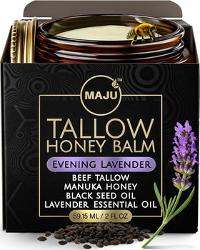 MAJU Tallow Honey Balm Evening Lavender bottle for calming night hydration