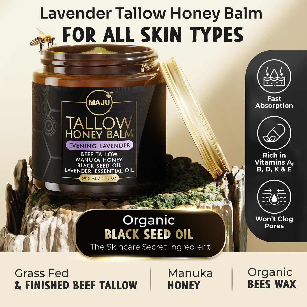 MAJU Tallow Honey Balm Evening Lavender jar close-up highlighting ingredients