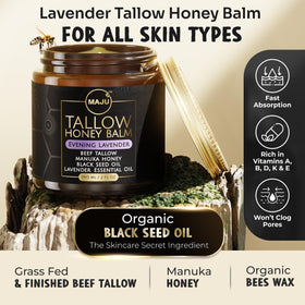 MAJU Tallow Honey Balm Evening Lavender jar close-up highlighting ingredients
