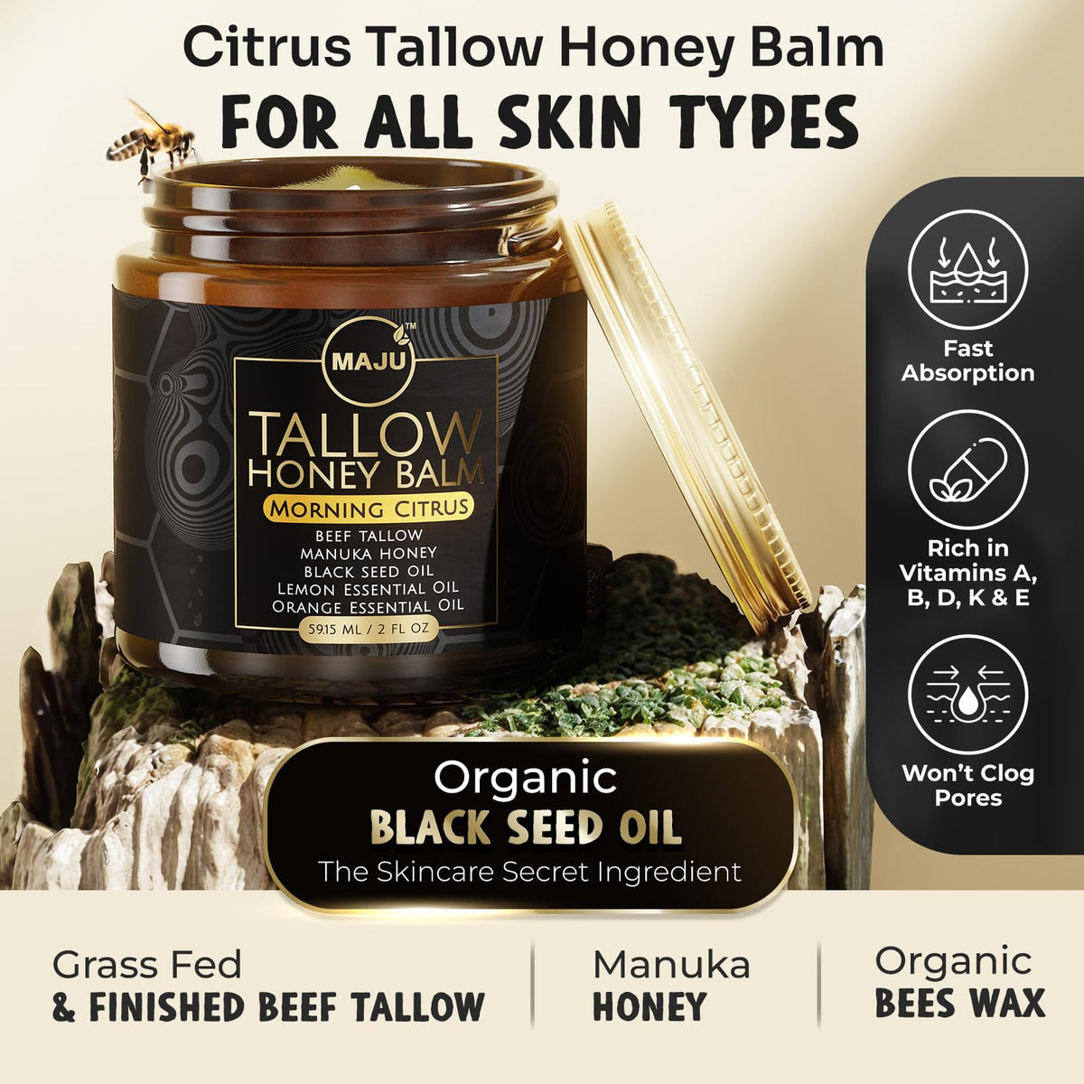 MAJU Morning Citrus Balm jar close-up showing creamy texture for quick absorption.