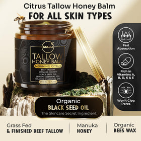 MAJU Morning Citrus Balm jar close-up showing creamy texture for quick absorption.