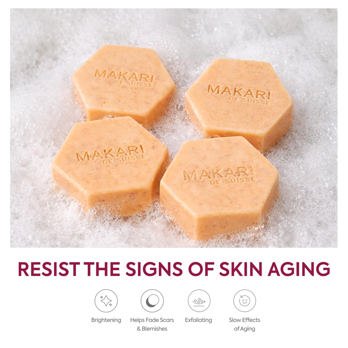 Makari soap lather demonstrating gentle exfoliation for smoother skin