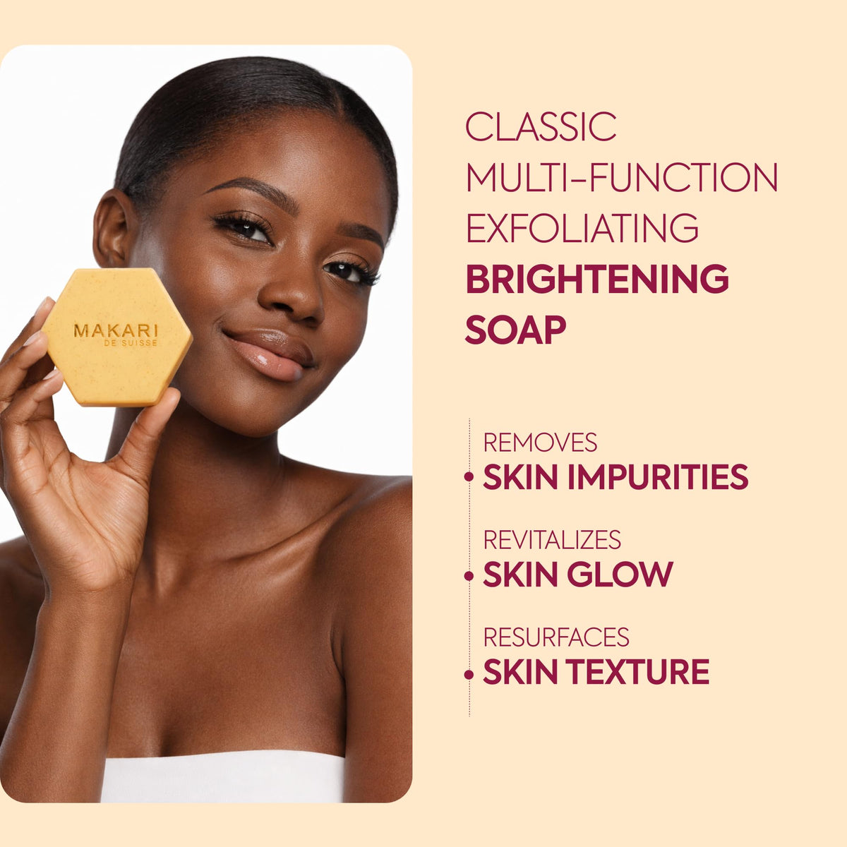 Makari packaging shot highlighting detoxifying cleanse and even skin tone
