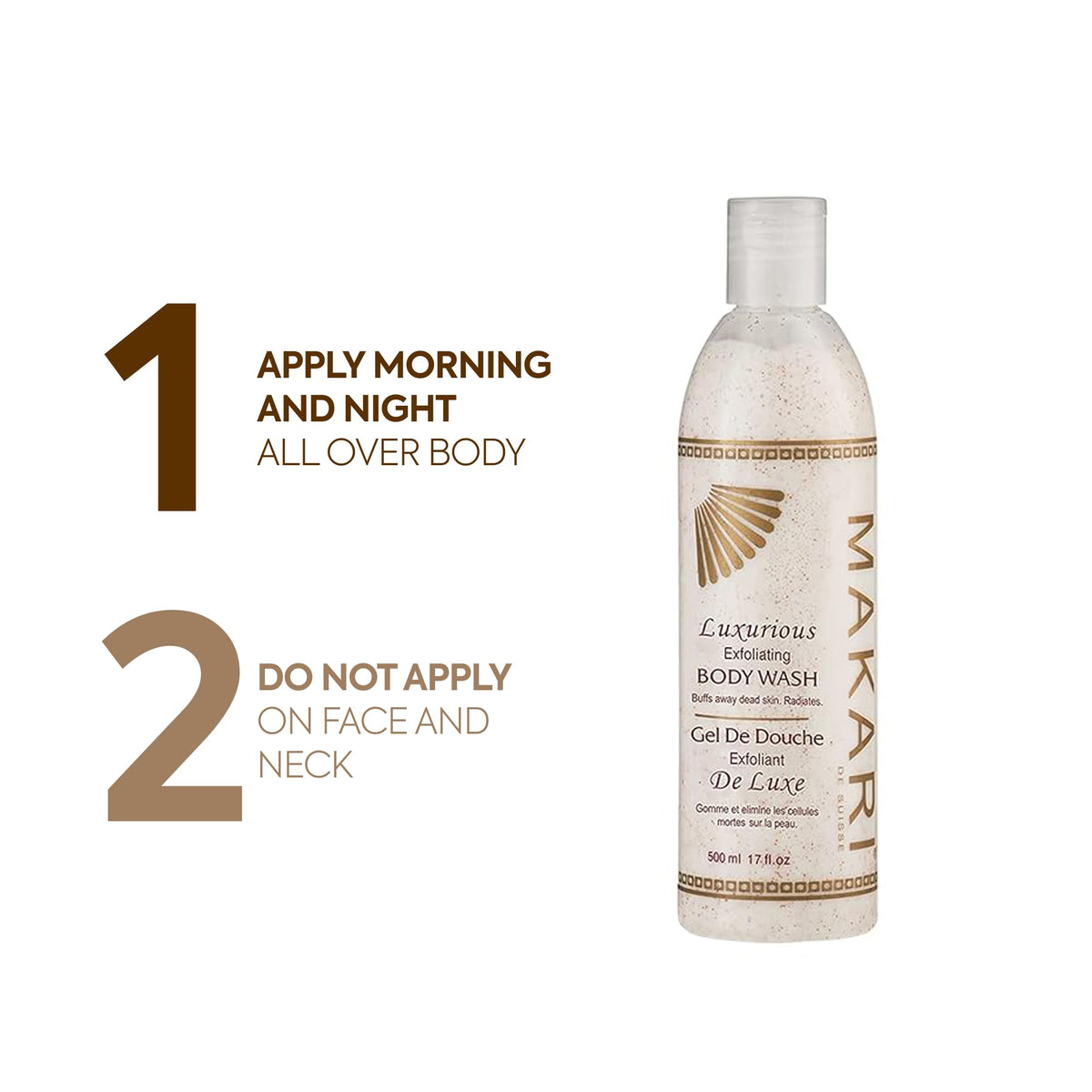 Makari Classic Exfoliating Body Wash applied with a shower sponge.