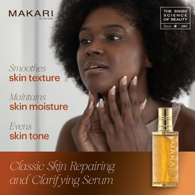 Makari Classic Serum applied to the cheek demonstrates targeted texture refinement