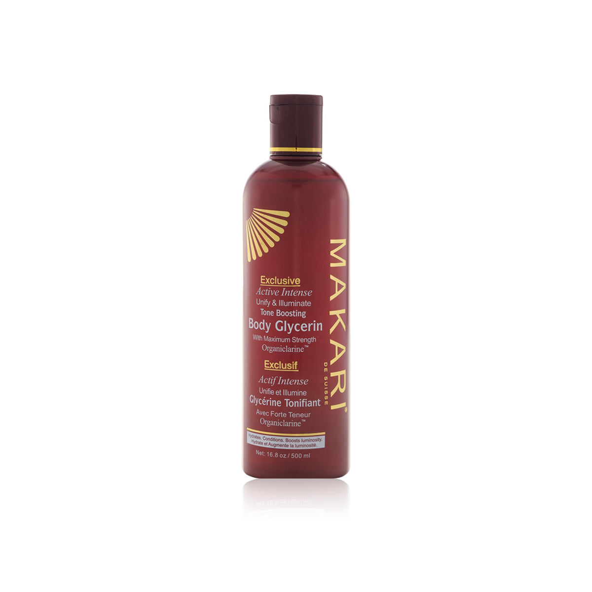 Makari Exclusive Active Tone Boosting Body Glycerin bottle closeup for hydration and radiance