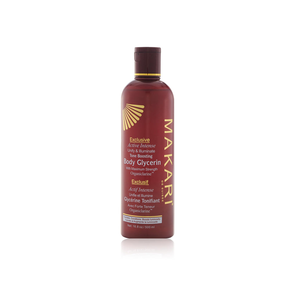 Makari Exclusive Active Tone Boosting Body Glycerin bottle closeup for hydration and radiance