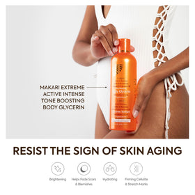 MAKARI Tone-Boosting Body Glycerin showcases even tone and smoothing hydration.