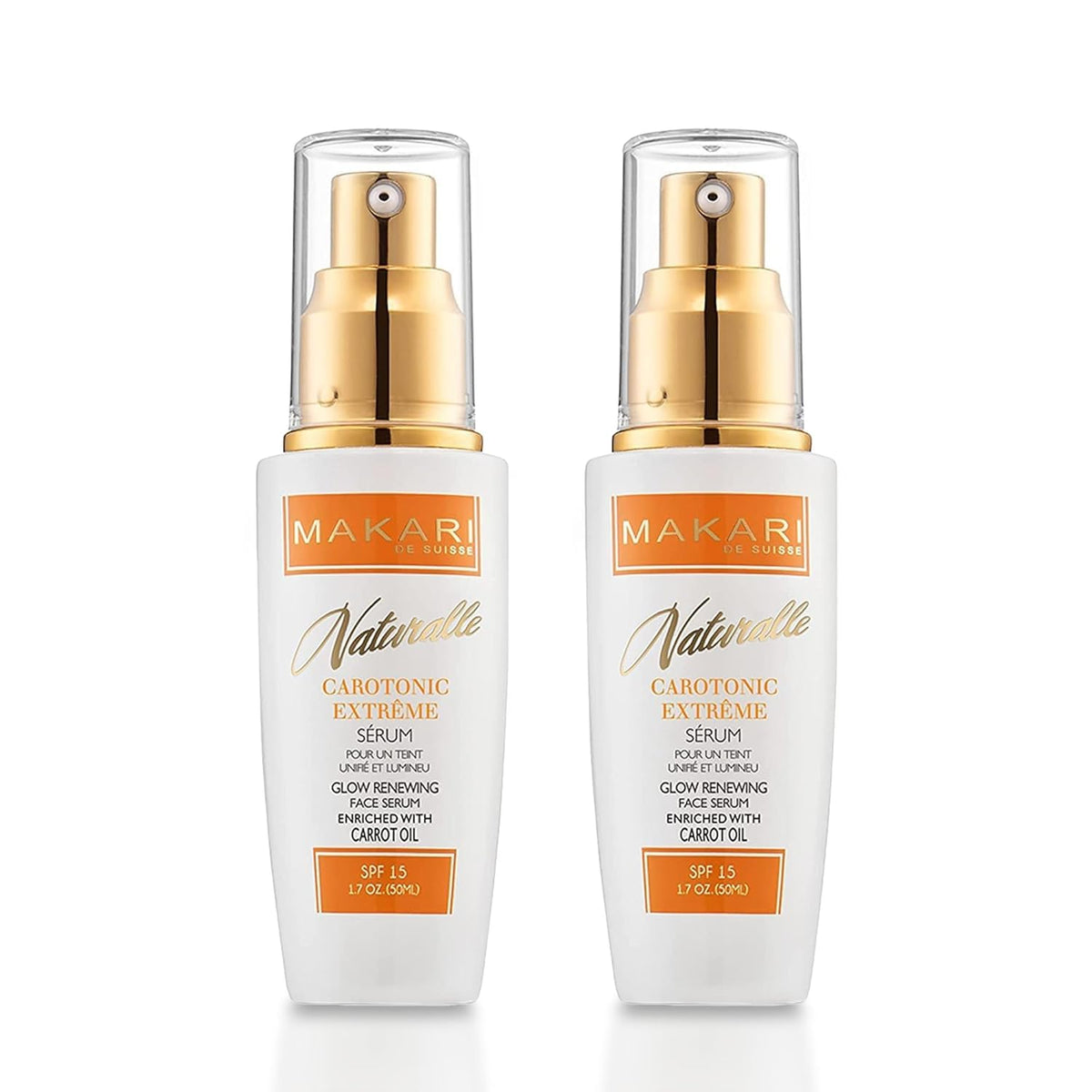 Makari Naturalle Carotonic Extreme Brightening Serum bottle front showing SPF15 and 2-pack value.
