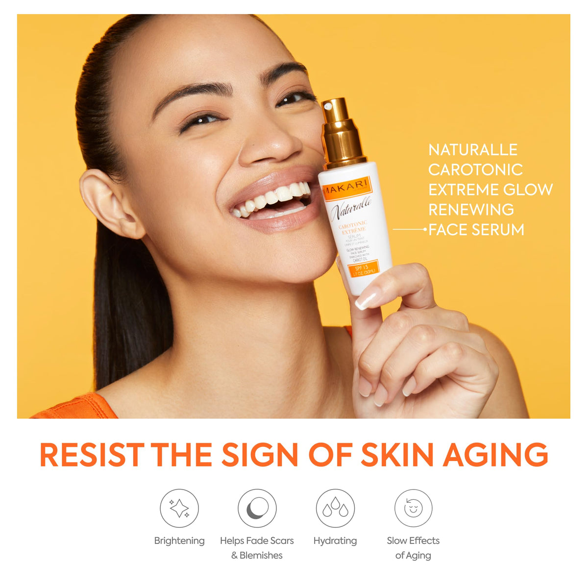 Makari Naturalle Carotonic Serum ingredients Vegeclairine and carrot oil showcased in bottle shot.