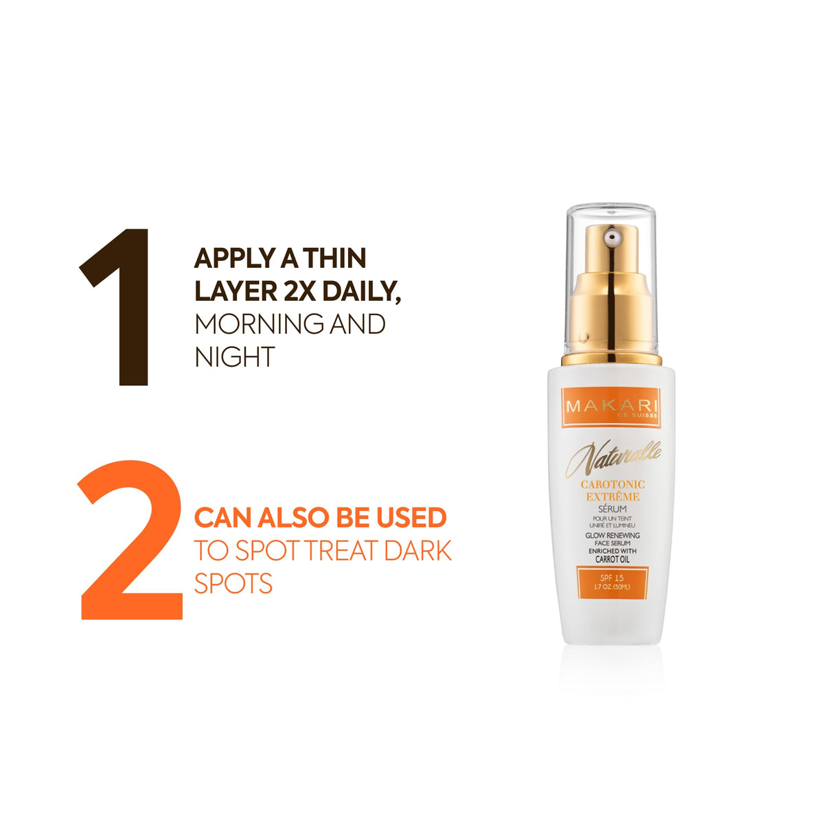 Makari Naturalle Carotonic Serum SPF15 label on packaging communicates daytime protection.