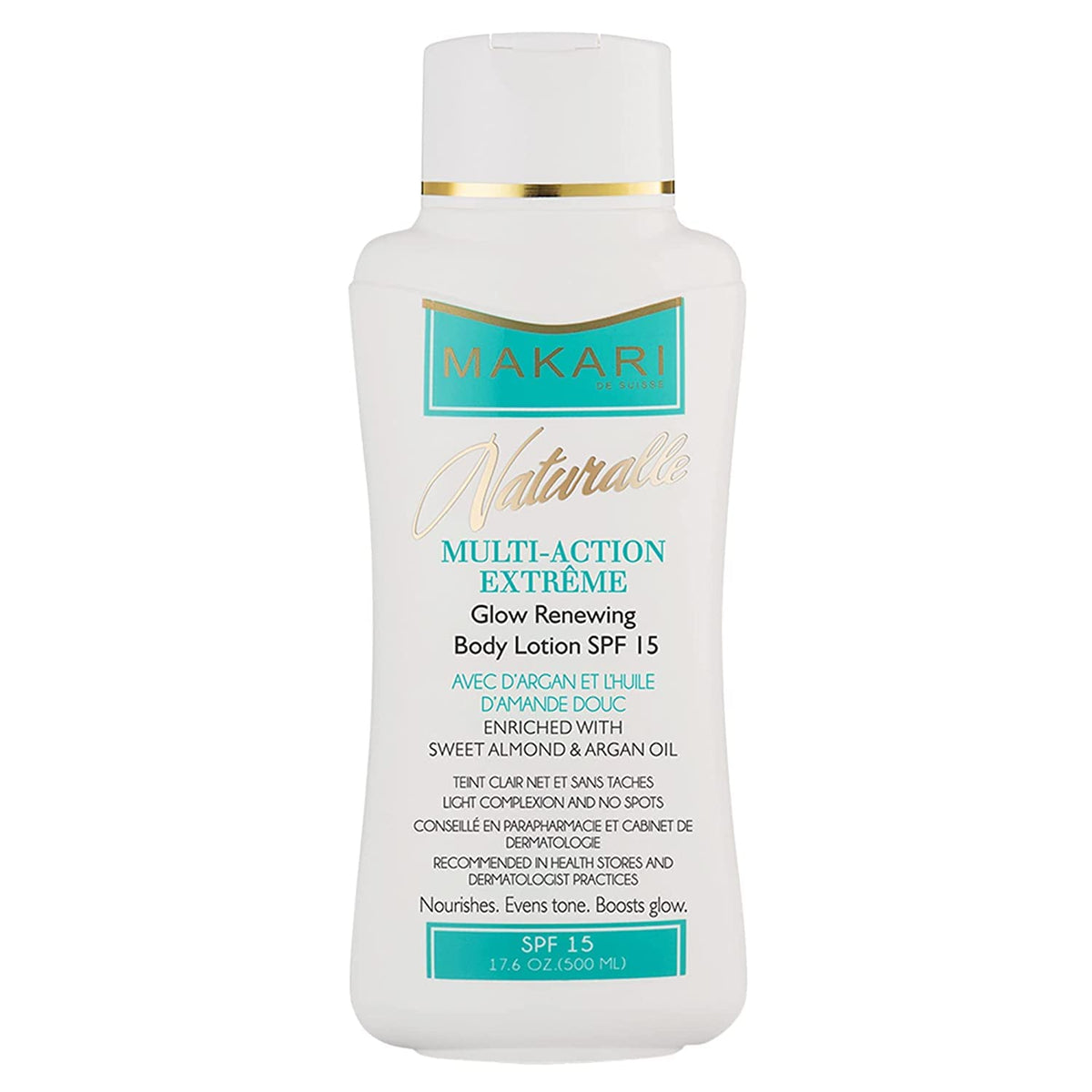 MAKARI Naturalle Extreme Body Lotion SPF15 bottle showing daily hydration benefits