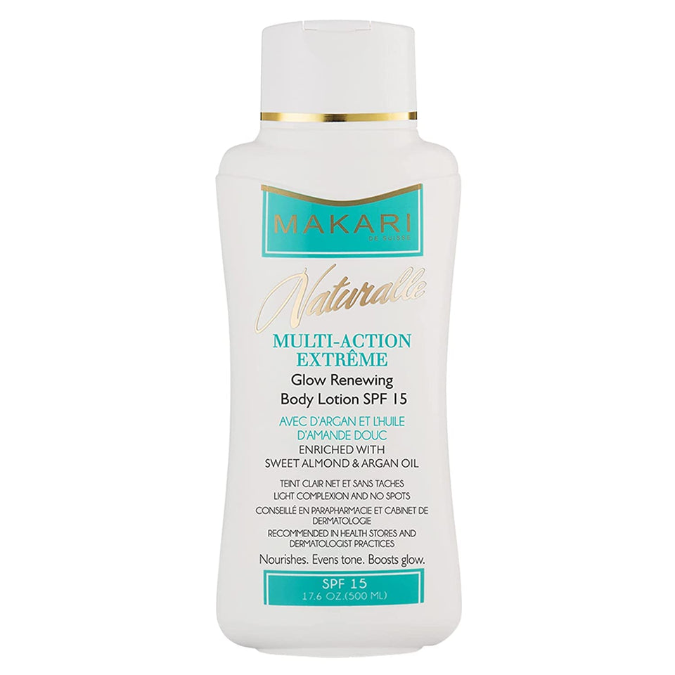 MAKARI Naturalle Extreme Body Lotion SPF15 bottle showing daily hydration benefits