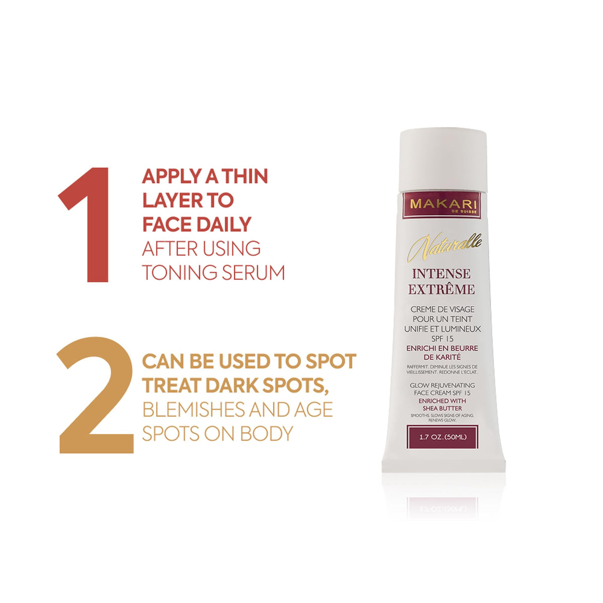 Makari Naturalle Intense Brightening Face Cream with shea butter nourishes skin.